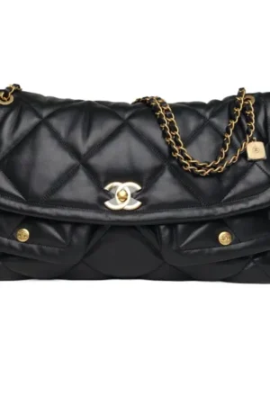 CHANEL Black Chip Gold Hardware 25k HOBO Double Pocket Flap Bag Chain Flap Bag 40cm