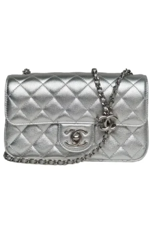 CHANEL Silver Chip Sliver Hardware Double C Adjustable Shoulder Strap 25B CF Flap Bag Large Mini
